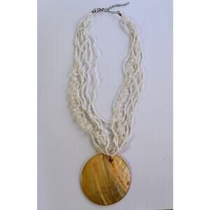 Vintage Iridescent Mother of Pearl Pendant White beads Necklace 19"